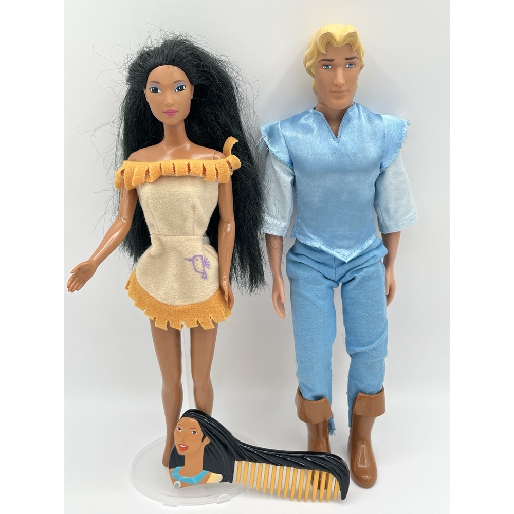 Vintage 1995 Disney Pocahontas John Smith Dolls Lot Mattel w Pocahontas Comb